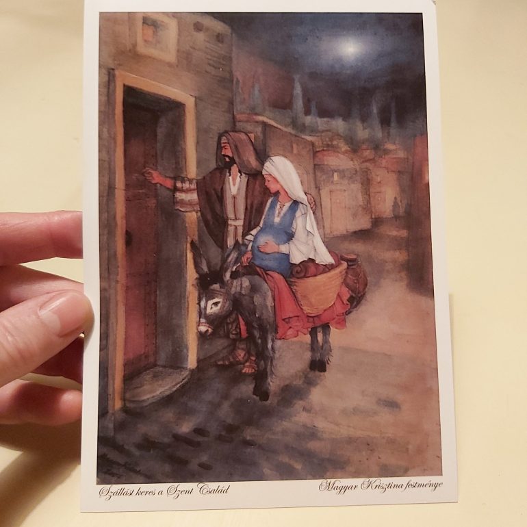 Karácsonyi üdvözlőlap a szállást kereső Szent&nbsp;Családdal